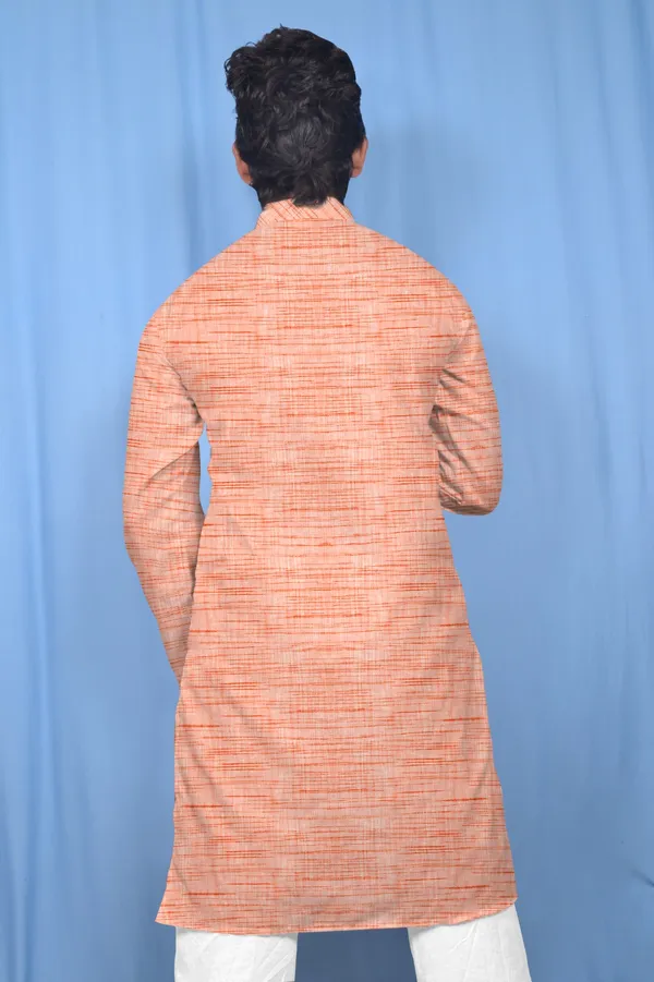 Orange_Khadi_Cotton_Self_Design_Mandarin_Collar_Kurta_Pajama_Set_For_Men