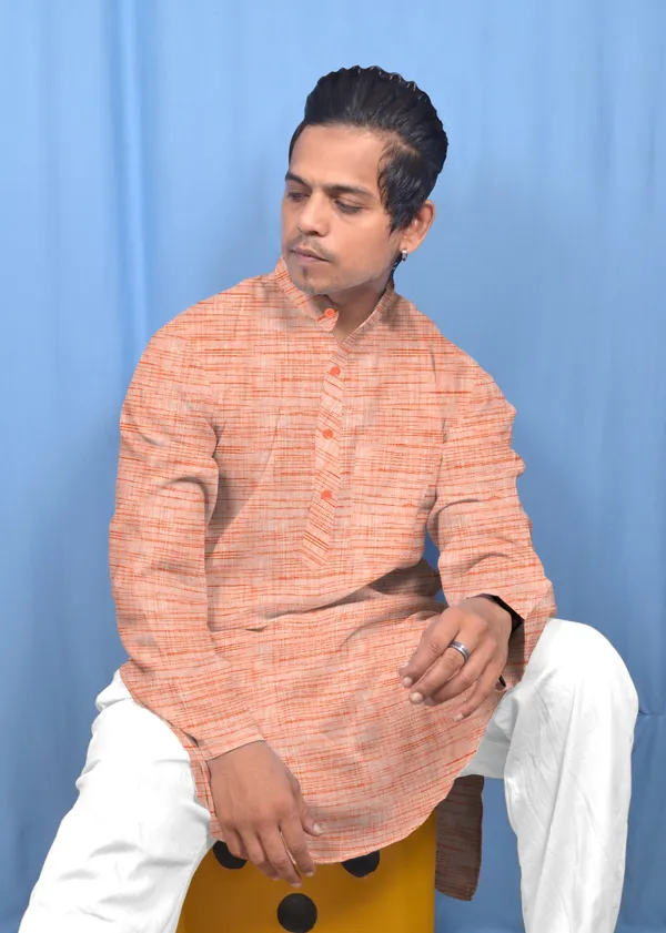 Orange_Khadi_Cotton_Self_Design_Mandarin_Collar_Kurta_Pajama_Set_For_Men