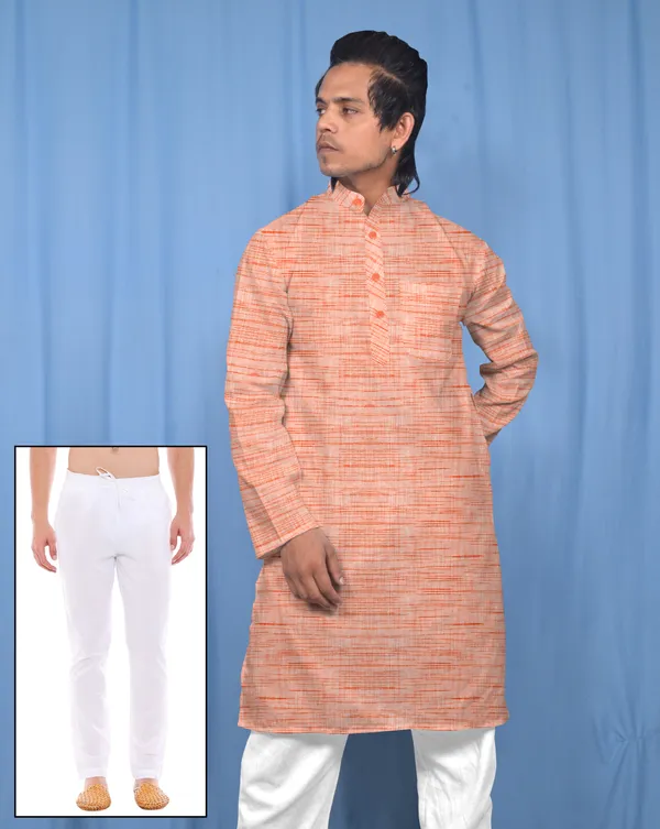 Orange_Khadi_Cotton_Self_Design_Mandarin_Collar_Kurta_Pajama_Set_For_Men
