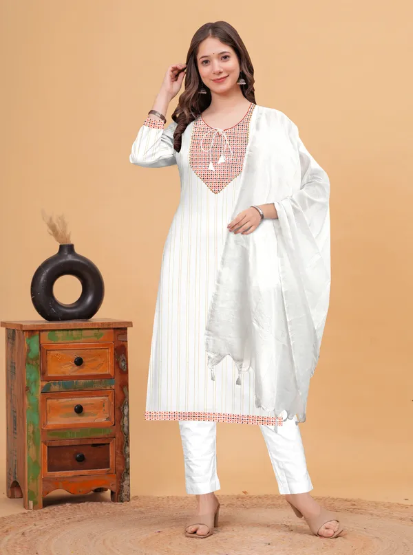Orange_Khadi_Cotton_Round_Neck_Striped_With_Embroidery_Detailing_Kurta_Pant_Set_With_Dupatta_For_Women_&_Girls