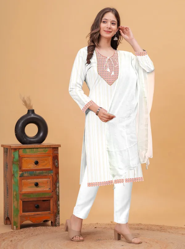 Orange_Khadi_Cotton_Round_Neck_Striped_With_Embroidery_Detailing_Kurta_Pant_Set_With_Dupatta_For_Women_&_Girls