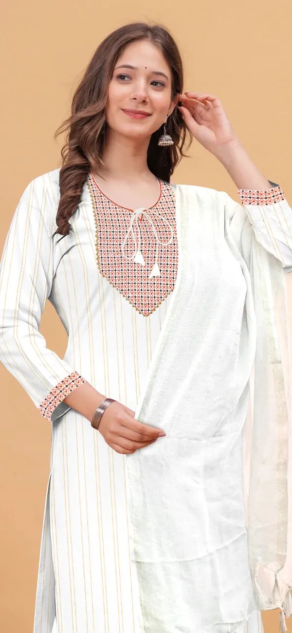 Orange_Khadi_Cotton_Round_Neck_Striped_With_Embroidery_Detailing_Kurta_Pant_Set_With_Dupatta_For_Women_&_Girls