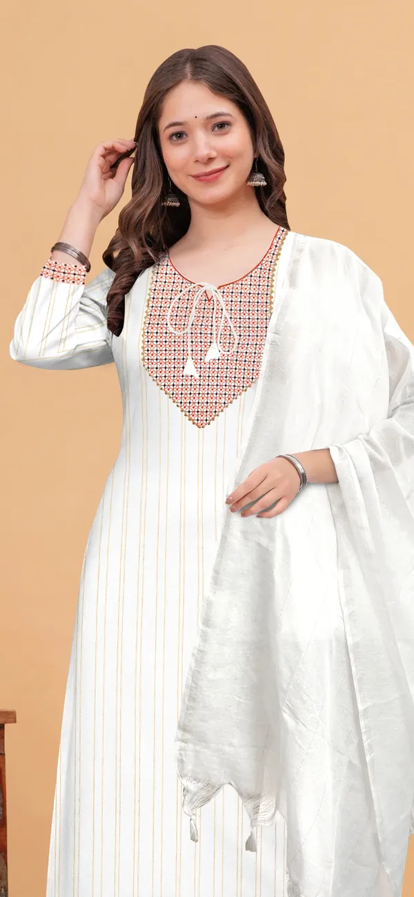 Orange_Khadi_Cotton_Round_Neck_Striped_With_Embroidery_Detailing_Kurta_Pant_Set_With_Dupatta_For_Women_&_Girls