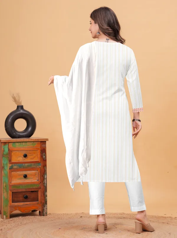 Orange_Khadi_Cotton_Round_Neck_Striped_With_Embroidery_Detailing_Kurta_Pant_Set_With_Dupatta_For_Women_&_Girls