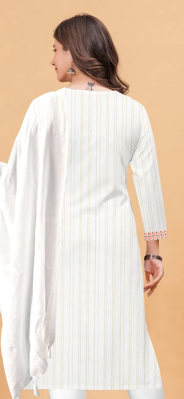 Orange_Khadi_Cotton_Round_Neck_Striped_With_Embroidery_Detailing_Kurta_Pant_Set_With_Dupatta_For_Women_&_Girls