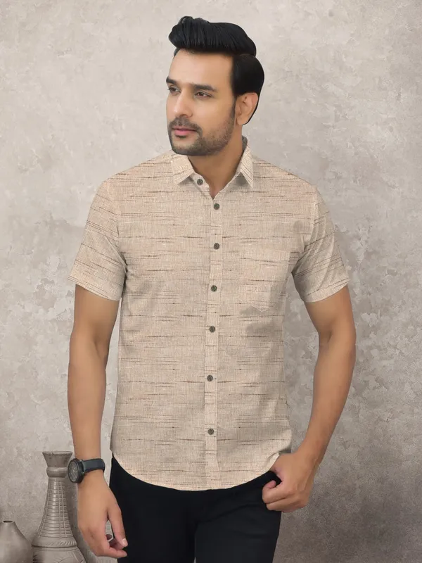 Beige_Pure_Cotton_Textured_Self_Design_Spread_Collar_Half_Shirt_For_Men
