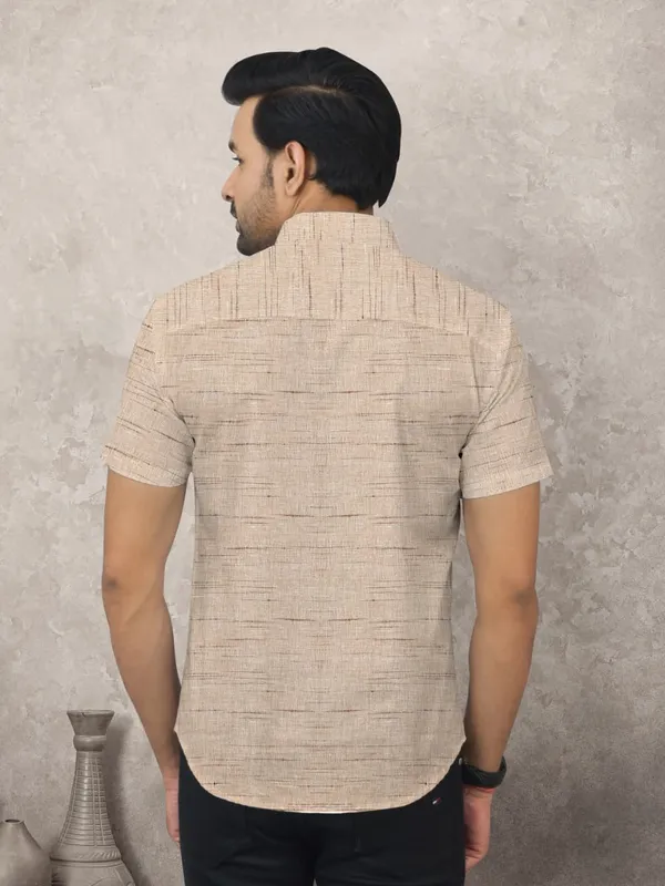 Beige_Pure_Cotton_Textured_Self_Design_Spread_Collar_Half_Shirt_For_Men