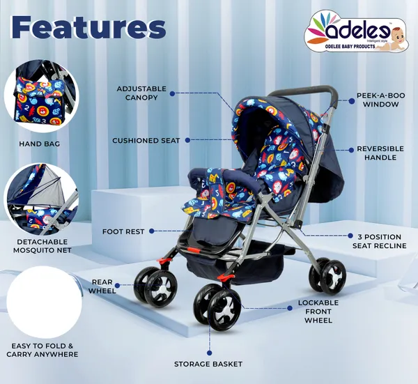 Odelee Red Baby Stroller/Pram For To Years, New Born/Kids, Point  Safety Harness, Adjustable Backrest, 360 Swivel Wheel, Large Storage  Basket,