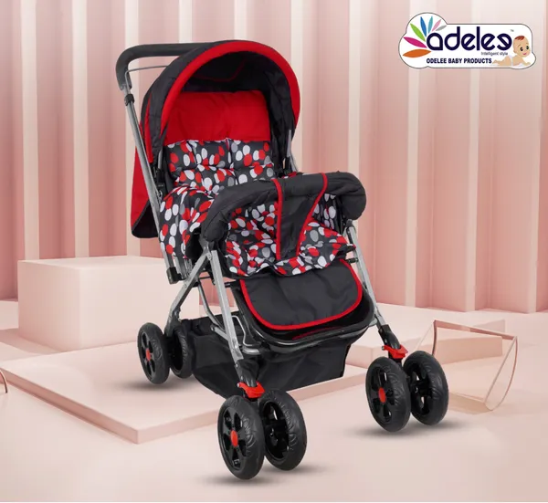 Red_Baby_Polka_Stroller/Pram_For_0_To_3_Years,_New_Born/Kids,_5_Point_Safety_Harness,_Adjustable_Backrest,_360_Swivel_Wheel,_Large_Storage_Basket,_Reversible_Handle