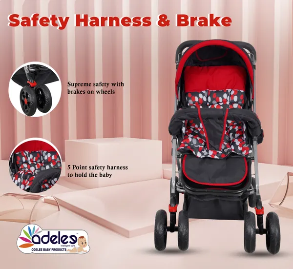 Red_Baby_Polka_Stroller/Pram_For_0_To_3_Years,_New_Born/Kids,_5_Point_Safety_Harness,_Adjustable_Backrest,_360_Swivel_Wheel,_Large_Storage_Basket,_Reversible_Handle