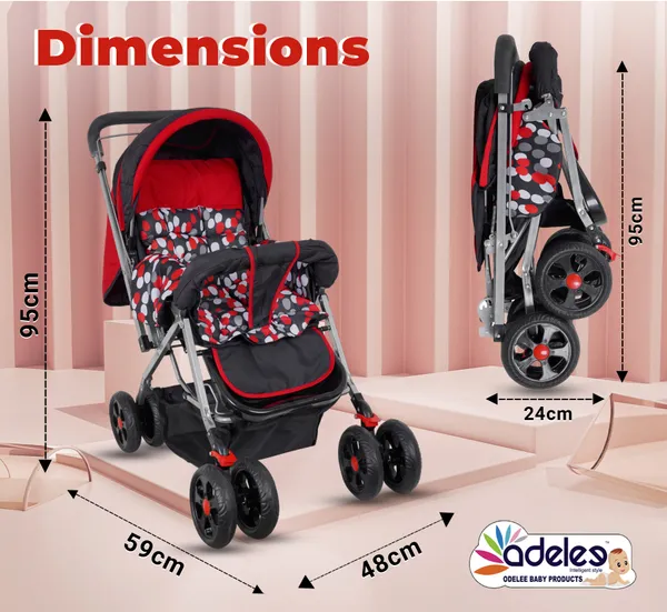 Red_Baby_Polka_Stroller/Pram_For_0_To_3_Years,_New_Born/Kids,_5_Point_Safety_Harness,_Adjustable_Backrest,_360_Swivel_Wheel,_Large_Storage_Basket,_Reversible_Handle