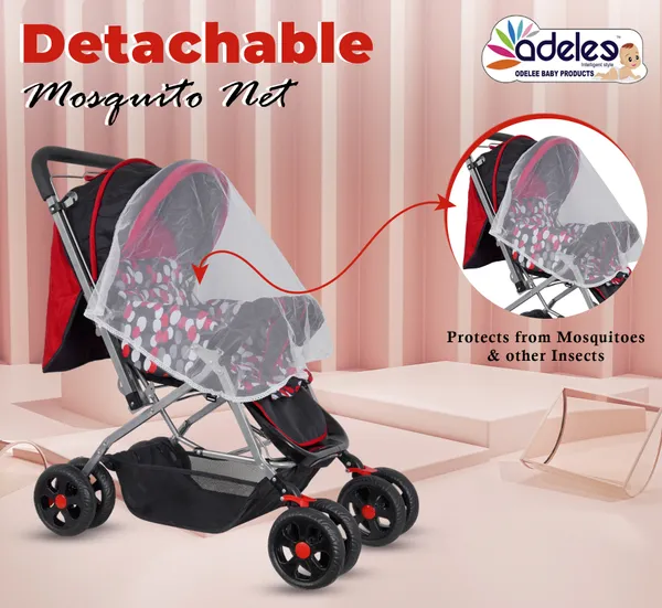 Red_Baby_Polka_Stroller/Pram_For_0_To_3_Years,_New_Born/Kids,_5_Point_Safety_Harness,_Adjustable_Backrest,_360_Swivel_Wheel,_Large_Storage_Basket,_Reversible_Handle