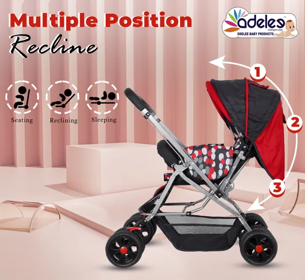 Red_Baby_Polka_Stroller/Pram_For_0_To_3_Years,_New_Born/Kids,_5_Point_Safety_Harness,_Adjustable_Backrest,_360_Swivel_Wheel,_Large_Storage_Basket,_Reversible_Handle