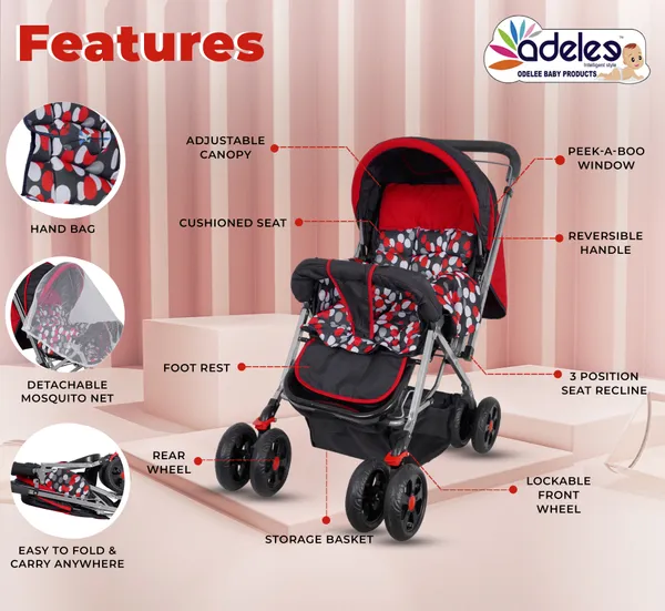 Red_Baby_Polka_Stroller/Pram_For_0_To_3_Years,_New_Born/Kids,_5_Point_Safety_Harness,_Adjustable_Backrest,_360_Swivel_Wheel,_Large_Storage_Basket,_Reversible_Handle