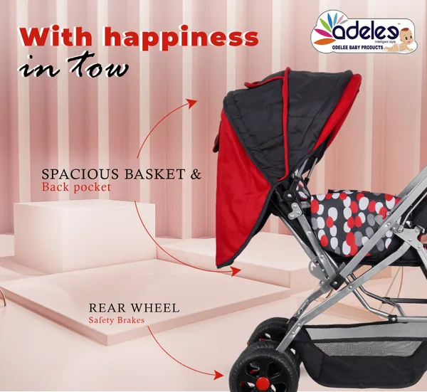 Red_Baby_Polka_Stroller/Pram_For_0_To_3_Years,_New_Born/Kids,_5_Point_Safety_Harness,_Adjustable_Backrest,_360_Swivel_Wheel,_Large_Storage_Basket,_Reversible_Handle