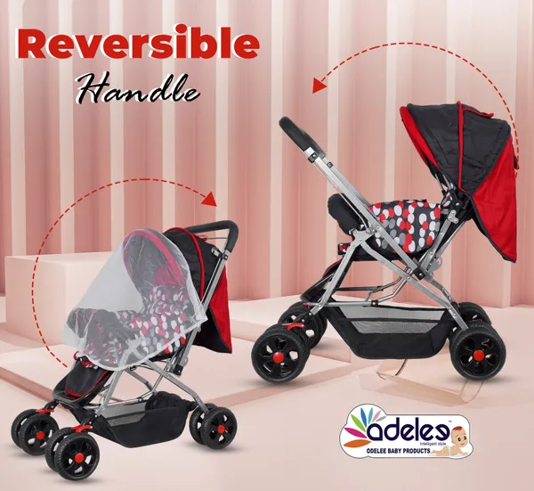 Red_Baby_Polka_Stroller/Pram_For_0_To_3_Years,_New_Born/Kids,_5_Point_Safety_Harness,_Adjustable_Backrest,_360_Swivel_Wheel,_Large_Storage_Basket,_Reversible_Handle