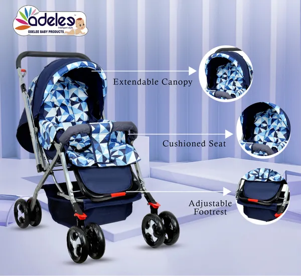 Multicolor_Baby_Stroller/Pram_For_0_To_3_Years,_New_Born/Kids,_5_Point_Safety_Harness,_Adjustable_Backrest,_360_Swivel_Wheel,_Large_Storage_Basket,_Reversible_Handle