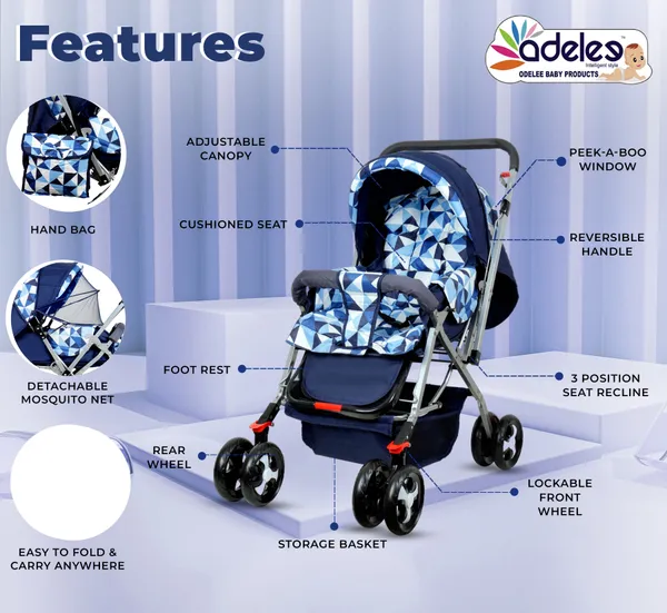 Multicolor_Baby_Stroller/Pram_For_0_To_3_Years,_New_Born/Kids,_5_Point_Safety_Harness,_Adjustable_Backrest,_360_Swivel_Wheel,_Large_Storage_Basket,_Reversible_Handle