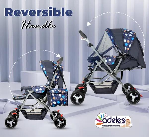 Blue_Baby_Polka_Stroller/Pram_For_0_To_3_Years,_New_Born/Kids,_5_Point_Safety_Harness,_Adjustable_Backrest,_360_Swivel_Wheel,_Large_Storage_Basket,_Reversible_Handle