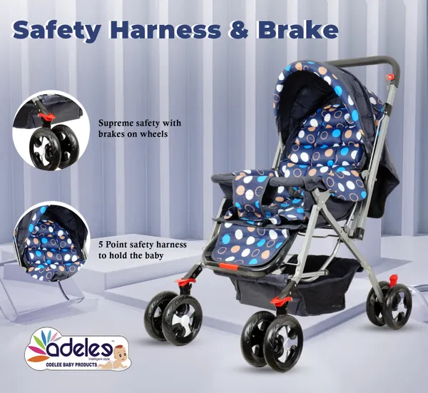 Blue_Baby_Polka_Stroller/Pram_For_0_To_3_Years,_New_Born/Kids,_5_Point_Safety_Harness,_Adjustable_Backrest,_360_Swivel_Wheel,_Large_Storage_Basket,_Reversible_Handle