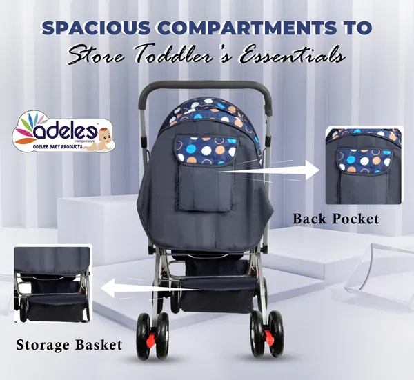 Blue_Baby_Polka_Stroller/Pram_For_0_To_3_Years,_New_Born/Kids,_5_Point_Safety_Harness,_Adjustable_Backrest,_360_Swivel_Wheel,_Large_Storage_Basket,_Reversible_Handle