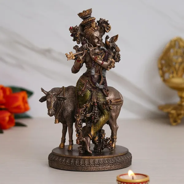 Shri_Krishna_with_Cow_Puja_Idol/Decorative_Krishna_with_Cow_Bronze_Idol_for_Good_Luck,_Success_and_Prosperity