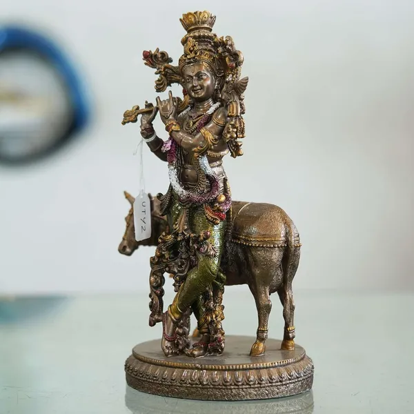 Shri_Krishna_with_Cow_Puja_Idol/Decorative_Krishna_with_Cow_Bronze_Idol_for_Good_Luck,_Success_and_Prosperity