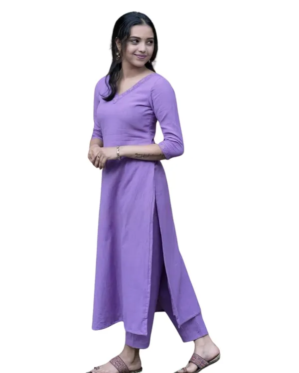 Purple_Cotton_V-Neck_Solid_Straight_Kurti_With_Pant_For_Women