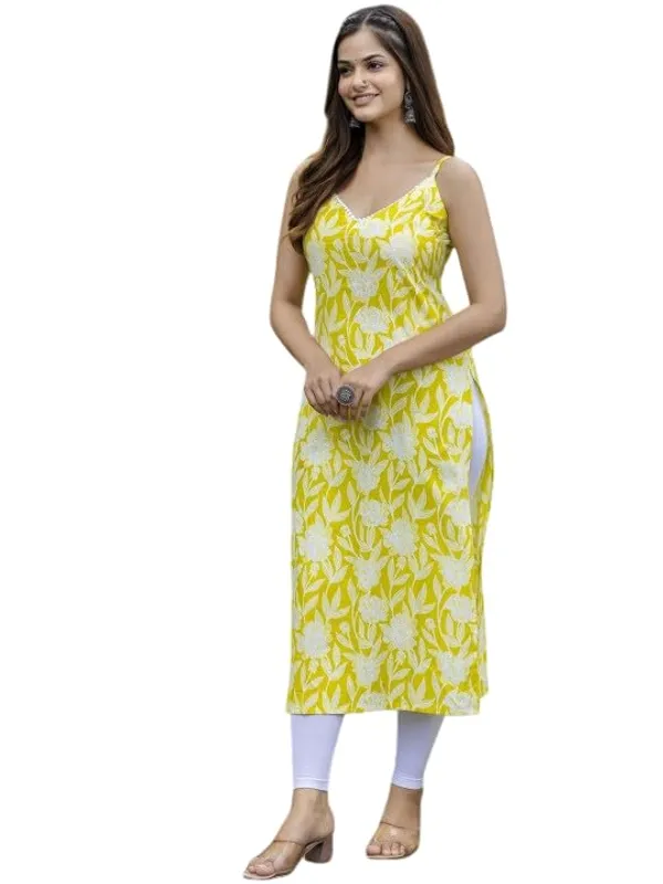 Yellow_Rayon_Floral_Printed_Sleeveless_Straight_Kurti_Set_For_Women