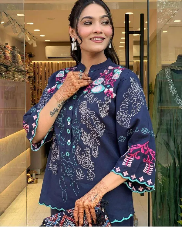 Black_Cotton_Embroidery_Straight_Kurti_Pant_With_Dupatta_Set_For_Women
