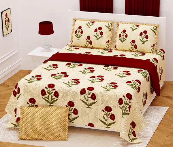 Hand_Work_Red_Cotton_Premium_&_Elegant_Floral_King_Size_Bedsheet_(90"X108")__With_2_Pillow_Covers_(_17"_X_27"_)_By_Sabhinjo