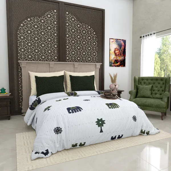 Gujri_Patch_Green_&_White_Cotton_Premium_&_Elegant_Animal_King_Size_Bedsheet_(90"X108")__With_2_Pillow_Covers_(_17"_X_27"_)_By_Sabhinjo