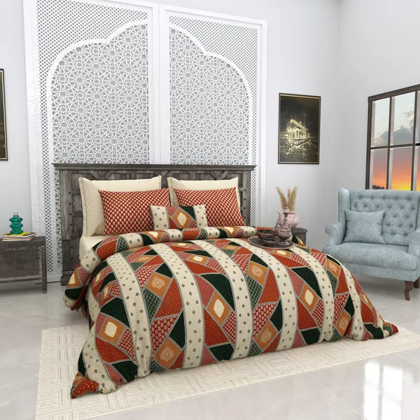 Bagru_Gold_Orange_Cotton_Premium_&_Elegant_Checkered_King_Size_Bedsheet_(90"X108")__With_2_Pillow_Covers_(_17"_X_27"_)_By_Sabhinjo