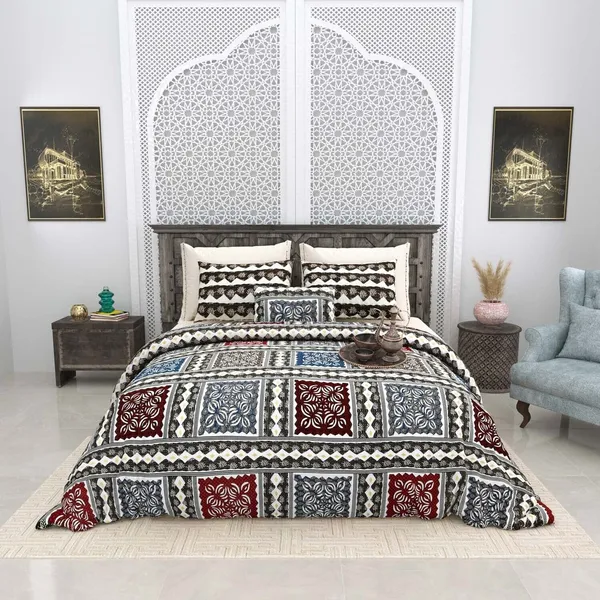 Bagru_Gold_Blue_Cotton_Premium_&_Elegant_Checkered_King_Size_Bedsheet_(90"X108")__With_2_Pillow_Covers_(_17"_X_27"_)_By_Sabhinjo