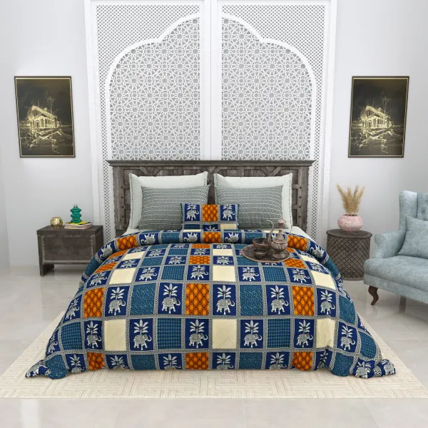 Bagru_Gold_Blue_Cotton_Premium_&_Elegant_Animal_King_Size_Bedsheet_(90"X108")__With_2_Pillow_Covers_(_17"_X_27"_)_By_Sabhinjo