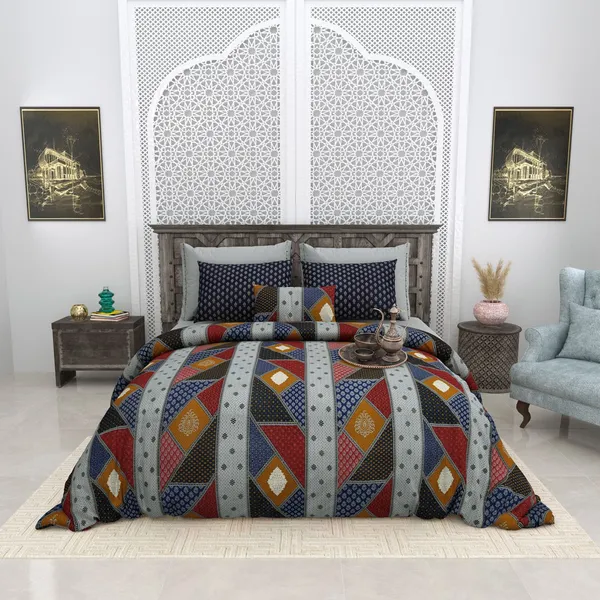Bagru_Gold_Blue_Cotton_Premium_&_Elegant_Checkered_King_Size_Bedsheet_(90"X108")__With_2_Pillow_Covers_(_17"_X_27"_)_By_Sabhinjo