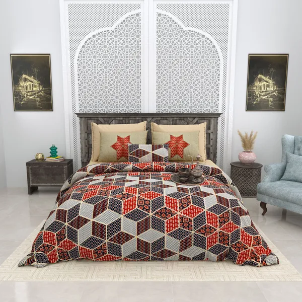Bagru_Gold_Maroon_Cotton_Premium_&_Elegant_Jaipuri_Prints_King_Size_Bedsheet_(90"X108")__With_2_Pillow_Covers_(_17"_X_27"_)_By_Sabhinjo