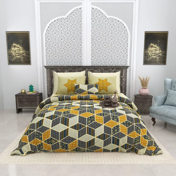 Bagru_Gold_Yellow_Cotton_Premium_&_Elegant_Jaipuri_Prints_King_Size_Bedsheet_(90"X108")__With__2_Pillow_Covers_(_17"_X_27"_)_By_Sabhinjo
