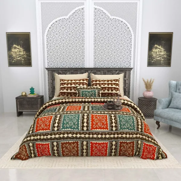 Bagru_Gold_Orange_Cotton_Premium_&_Elegant_Checkered_King_Size_Bedsheet_(90"X108")__With_2_Pillow_Covers_(_17"_X_27"_)_By_Sabhinjo