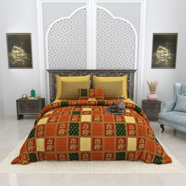 Bagru_Gold_Orange_Cotton_Premium_&_Elegant_Animal_King_Size_Bedsheet_(90"X108")__With_2_Pillow_Covers_(_17"_X_27"_)_By_Sabhinjo