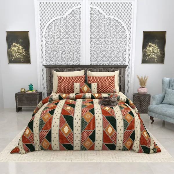 Bagru_Gold_Orange_Cotton_Premium_&_Elegant_Checkered_King_Size_Bedsheet_(90"X108")__With_2_Pillow_Covers_(_17"_X_27"_)_By_Sabhinjo
