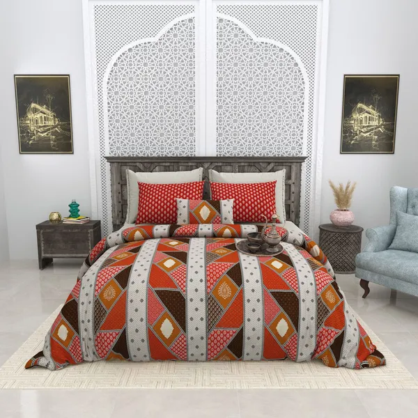 Bagru_Gold_Red_Cotton_Premium_&_Elegant_Checkered_King_Size_Bedsheet_(90"X108")__With_2_Pillow_Covers_(_17"_X_27"_)_By_Sabhinjo