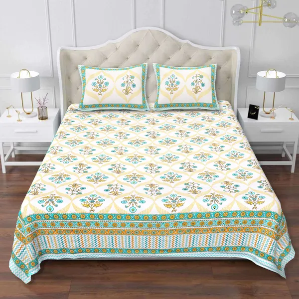 Block_Print_Green__Cotton_Premium_&_Elegant_Printed_Bedsheet_(_90"_X_108"_)_With_2_Pillow_Covers_(_17"_X_27"_)_By_Sabhinjo