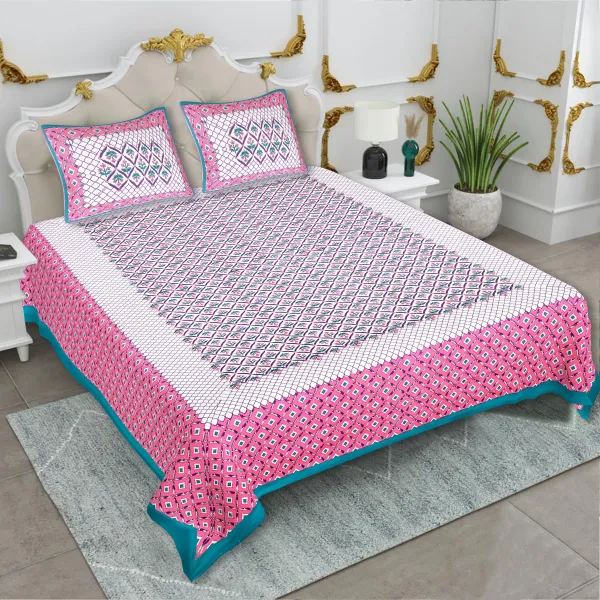 Rajasthani_Green_&_Pink_Cotton_Premium_&_Elegant_Printed_Bedsheet_(_90"_X_108"_)__With_2_Pillow_Covers_(_17"_X_27"_)_By_Sabhinjo