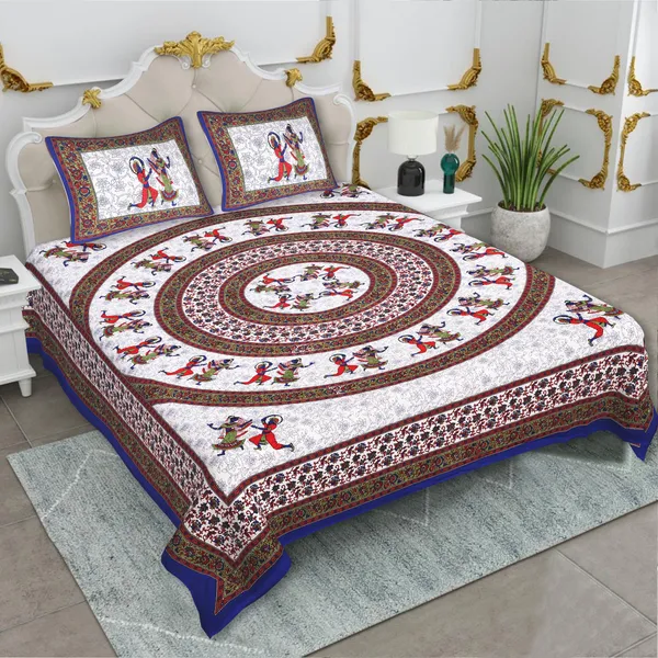 Rajasthani_Blue_&_Brown_Cotton_Premium_&_Elegant_Printed_Bedsheet_(_90"X_108")__With_2_Pillow_Covers_(_17"_X_27"_)_By_Sabhinjo