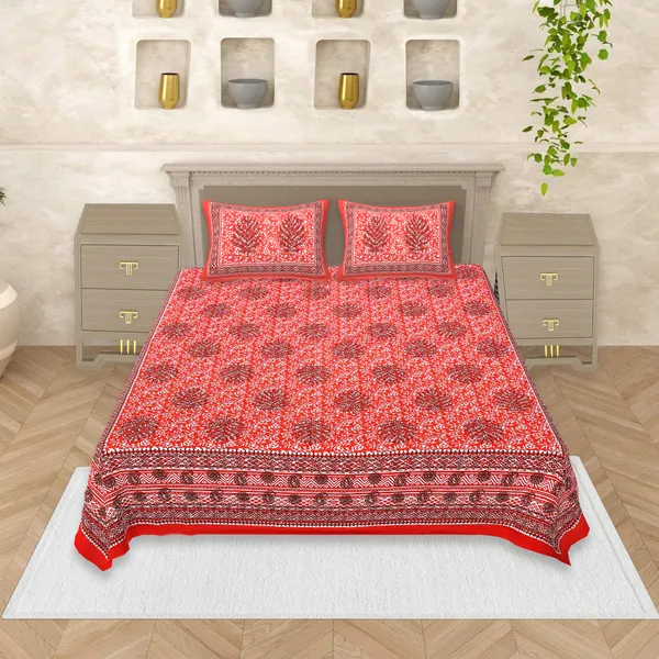 Dabu_Red_Cotton_Premium_&_Elegant_Jaipuri_Prints_Bedsheet_(_90"_X_108"_)__With_2_Pillow_Covers_(_17"_X_27"_)_By_Sabhinjo