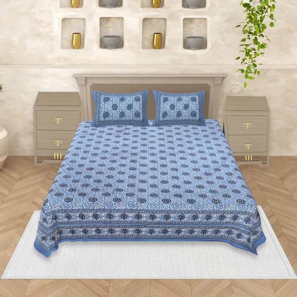 Dabu_Blue_Cotton_Premium_&_Elegant_Jaipuri_Prints_Bedsheet_(_90"_X_108"_)__With_2_Pillow_Covers_(_17"_X_27"_)_By_Sabhinjo