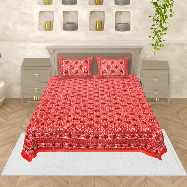 Dabu_Red_Cotton_Premium_&_Elegant_Jaipuri_Prints_Bedsheet_(_90"_X_108"_)__With_2_Pillow_Covers_(_17"_X_27"_)_By_Sabhinjo