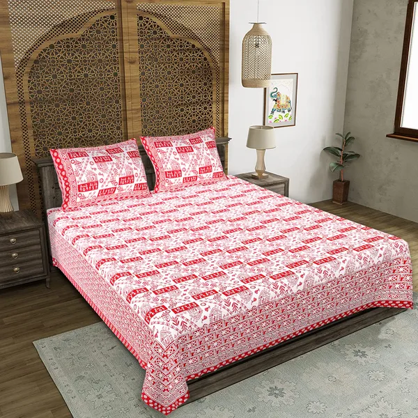 Warli_Red_elegant_thread_print_double_king_size_bedsheet_(90"X108")_with_2_pillow_covers_(17"X27")_By_Sabhinjo