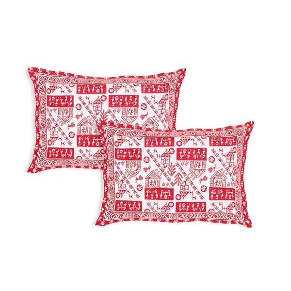 Warli_Red_elegant_thread_print_double_king_size_bedsheet_(90"X108")_with_2_pillow_covers_(17"X27")_By_Sabhinjo